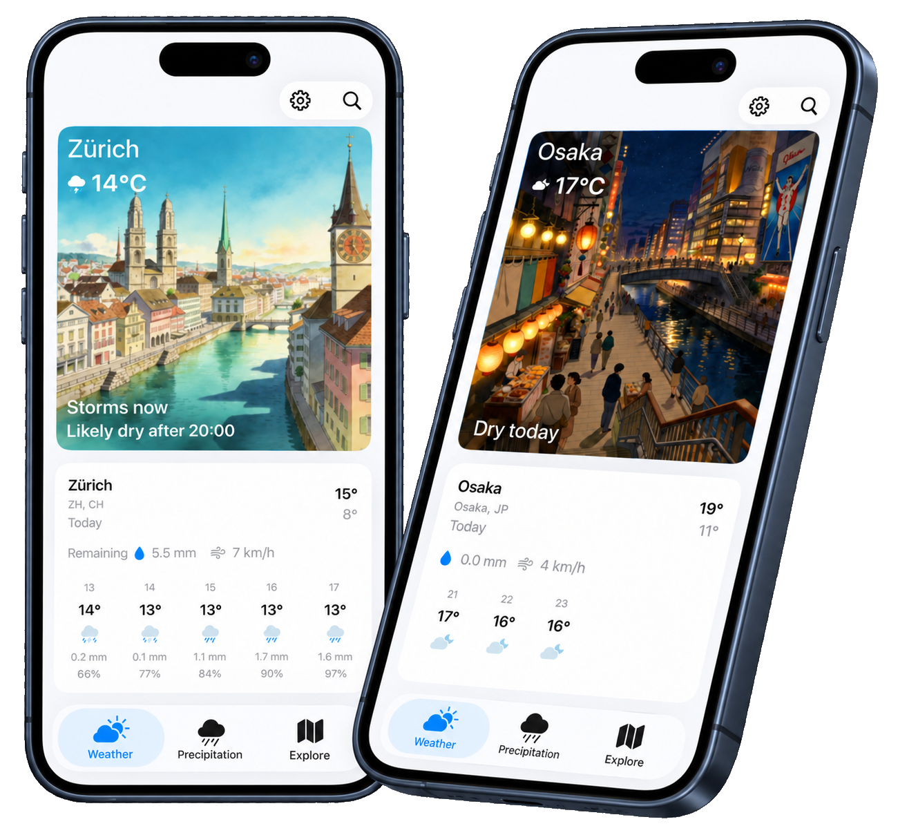 Kawaii Weather Zurich and Osaka forecasts shown on iPhone 17 Pro devices