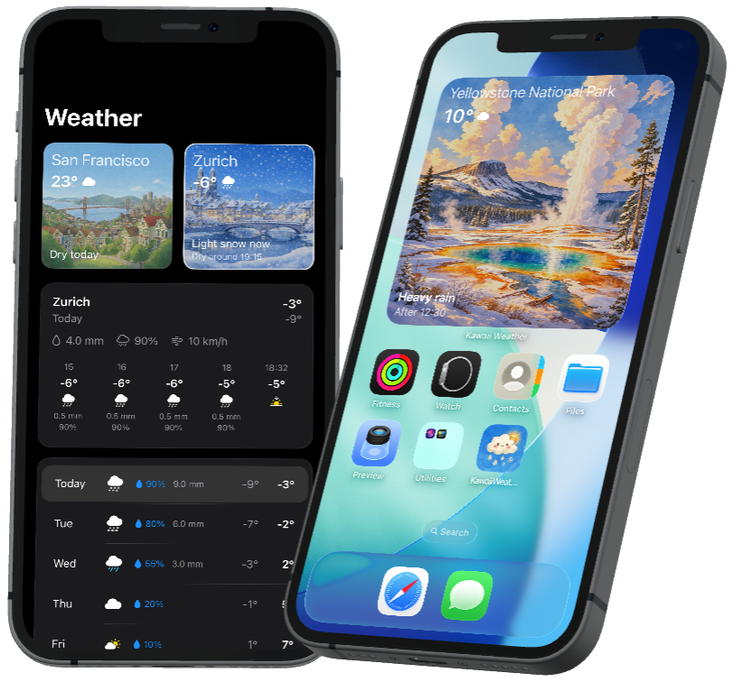 Kawaii Weather app preview shown on iPhones